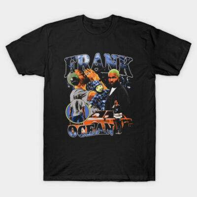 Black graphic tee with vibrant collage design, featuring bold text and artistic elements, perfect for casual wear.
