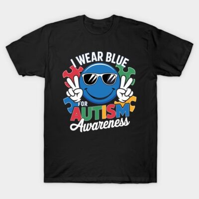 Black t-shirt with colorful autism awareness design, featuring a blue smiley face and puzzle pieces.