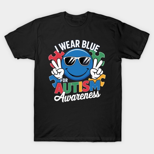 Black t-shirt with colorful autism awareness design, featuring a blue smiley face and puzzle pieces.