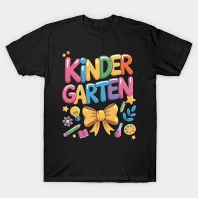 Black kindergarten-themed T-shirt featuring colorful letters and playful icons, perfect for young kids' casual wear.