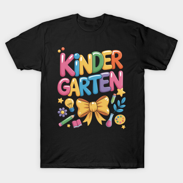 Black kindergarten-themed T-shirt featuring colorful letters and playful icons, perfect for young kids' casual wear.