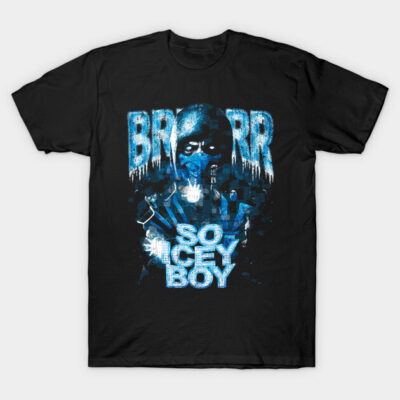 Black graphic t-shirt with blue ice-themed design and text "So Icey Boy," ideal for casual wear.