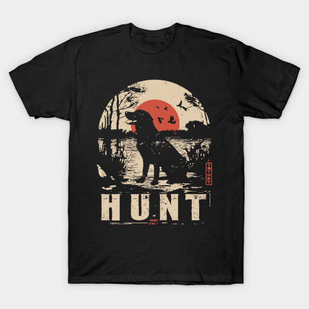Black t-shirt with hunting dog silhouette and sunset design, ideal for outdoor enthusiasts and casual wear.