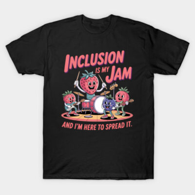 Black t-shirt featuring colorful fruit band graphic with "Inclusion is My Jam" slogan, perfect for casual wear.
