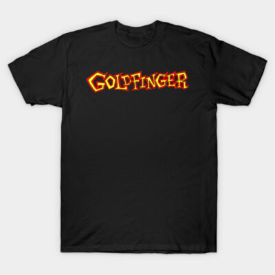 Black cotton t-shirt with bold "Goldfinger" text in red and yellow, casual style, perfect for everyday wear.