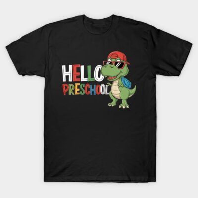 Black T-shirt with "Hello Preschool" text and cartoon dinosaur design; casual kidswear, cotton material.