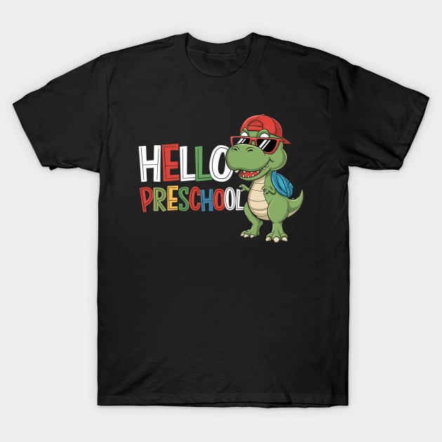 Black T-shirt with "Hello Preschool" text and cartoon dinosaur design; casual kidswear, cotton material.