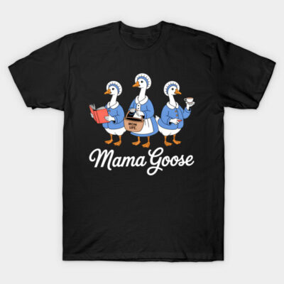 Black "Mama Goose" T-shirt featuring cartoon geese in blue attire, perfect for casual wear or gifting.