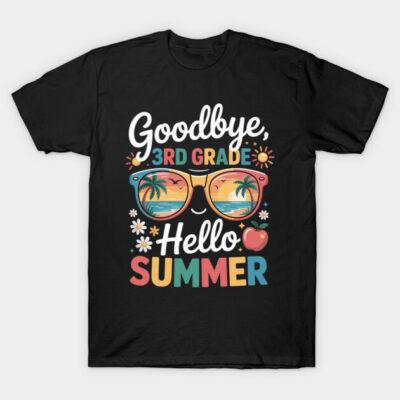 "Black t-shirt with colorful 'Goodbye 3rd Grade, Hello Summer' design, featuring sunglasses and tropical theme."
