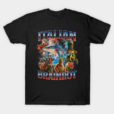 Black graphic T-shirt with colorful cartoon characters and "Italian Brainrot" text, casual style, cotton material.