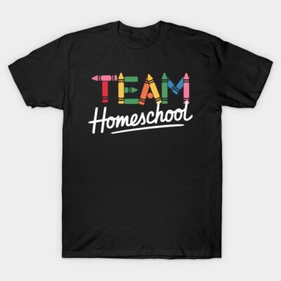 Black "Team Homeschool" T-shirt with colorful crayon design, casual cotton top for education enthusiasts.