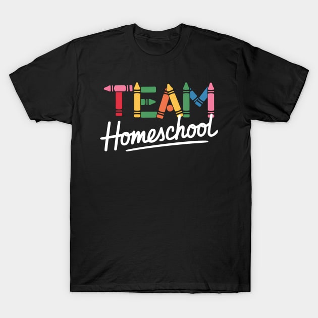 Black "Team Homeschool" T-shirt with colorful crayon design, casual cotton top for education enthusiasts.