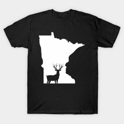 Black t-shirt with white Minnesota map and deer silhouette, casual style, cotton material, unisex.