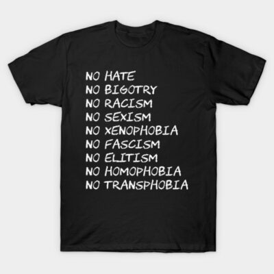 Black t-shirt with white text promoting inclusivity and equality, casual wear, cotton material, unisex design.
