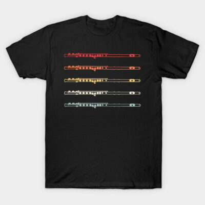 Black t-shirt with colorful flute design, casual style, 100% cotton, perfect for music lovers or casual wear.