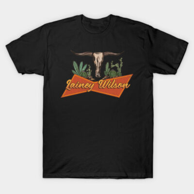 Black t-shirt with western bull skull and cactus design, featuring orange text. Casual wear, cotton material.