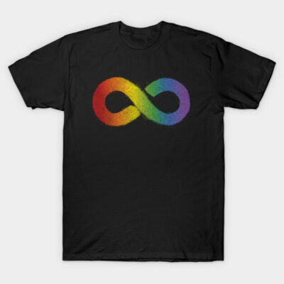 Black t-shirt with rainbow infinity symbol design, casual style, unisex, cotton material, perfect for everyday wear.