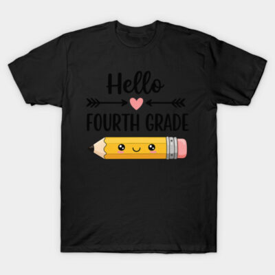 Black "Hello Fourth Grade" t-shirt with cute pencil graphic, perfect for back-to-school, made of soft cotton.