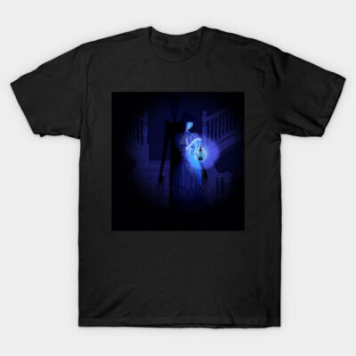 Black cotton T-shirt featuring a spooky night scene design with a lantern-wielding figure, ideal for Halloween.