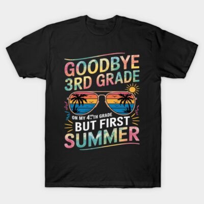 Black t-shirt with colorful "Goodbye 3rd Grade, First Summer" print, featuring sunglasses and palm tree design.