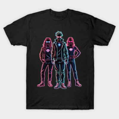 Black t-shirt featuring neon graphic design with three figures in colorful outlines, casual style for everyday wear.