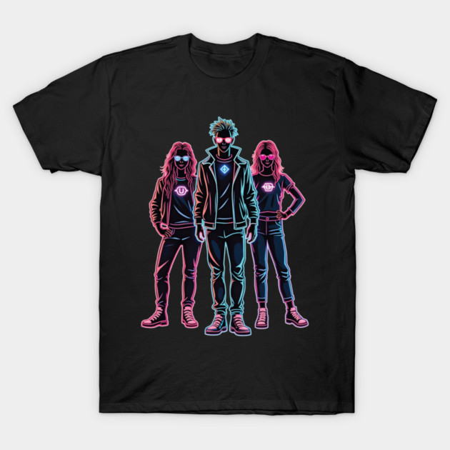 Black t-shirt featuring neon graphic design with three figures in colorful outlines, casual style for everyday wear.
