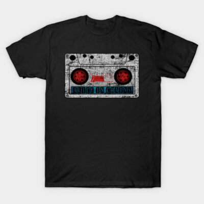 Black T-shirt with vintage cassette tape design, red and blue text, casual style, 100% cotton, perfect for music fans.