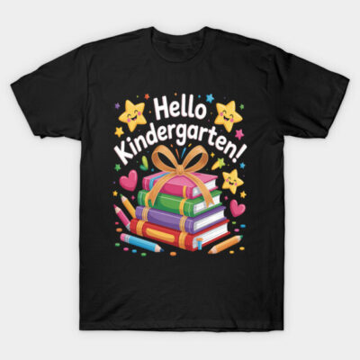 Black t-shirt with colorful "Hello Kindergarten" design featuring books, stars, and hearts. Perfect for school events.