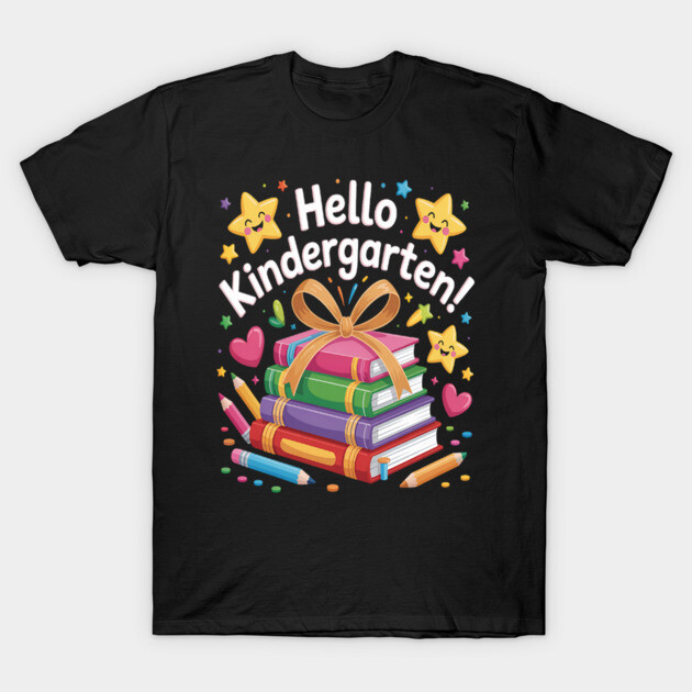 Black t-shirt with colorful "Hello Kindergarten" design featuring books, stars, and hearts. Perfect for school events.