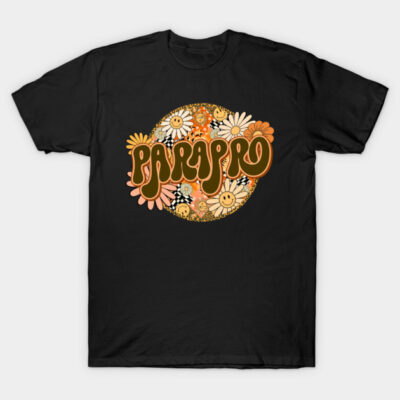 Black t-shirt with retro floral design and "PARAPRO" text, ideal for casual wear, comfortable cotton material.