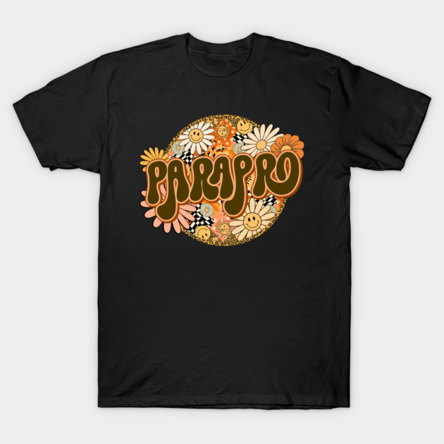 Black t-shirt with retro floral design and "PARAPRO" text, ideal for casual wear, comfortable cotton material.