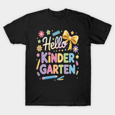 Black "Hello Kindergarten" T-shirt with colorful text and playful design, ideal for back-to-school wear.
