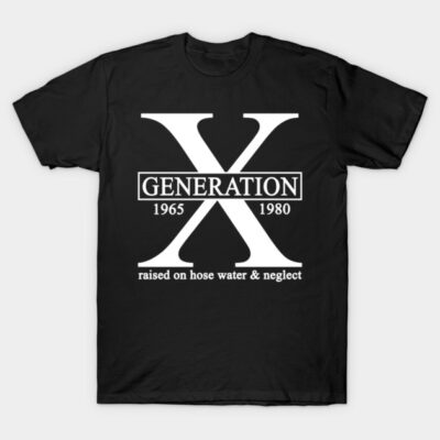 Black Generation X t-shirt, white text design, casual style, cotton material, ideal for everyday wear.