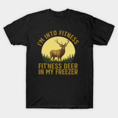 Black T-shirt with humorous deer and forest graphic, "I'm Into Fitness" quote, casual wear, cotton material.