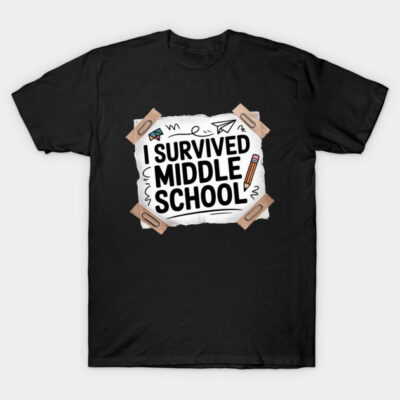 Black t-shirt with "I Survived Middle School" graphic, casual style, cotton material, unisex design.