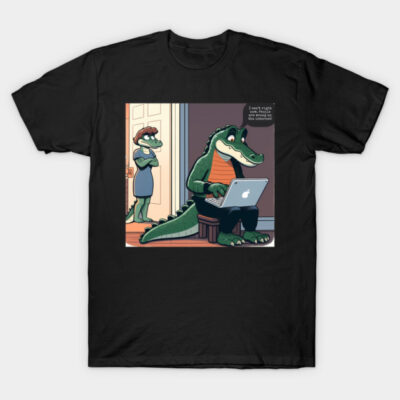 Black T-shirt featuring a cartoon alligator design using a laptop, perfect for casual wear and animal lovers.
