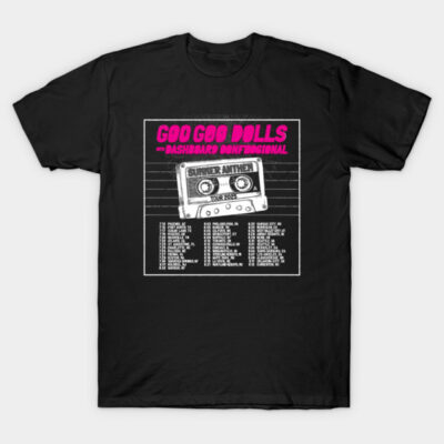 Black vintage-style t-shirt with cassette graphic, band tour dates, and bold pink and white text. Music merchandise apparel.