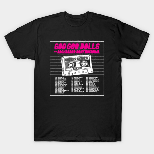 Black vintage-style t-shirt with cassette graphic, band tour dates, and bold pink and white text. Music merchandise apparel.