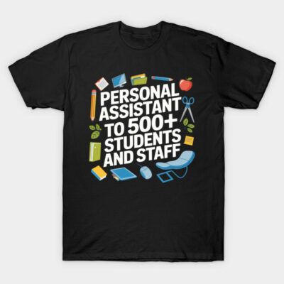 Black T-shirt with colorful graphic text design for school staff, featuring educational icons, cotton material.