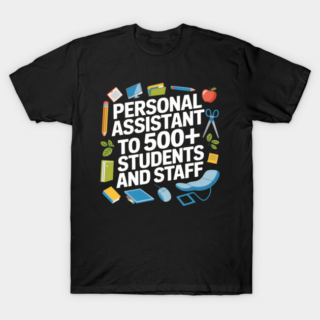 Black T-shirt with colorful graphic text design for school staff, featuring educational icons, cotton material.