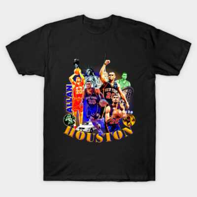 Black graphic t-shirt featuring colorful basketball-themed collage, casual wear, cotton material.