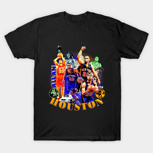 Black graphic t-shirt featuring colorful basketball-themed collage, casual wear, cotton material.