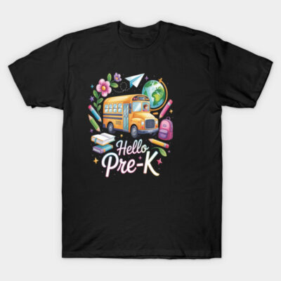 Black "Hello Pre-K" t-shirt with colorful school bus, globe, and floral design, perfect for preschoolers.