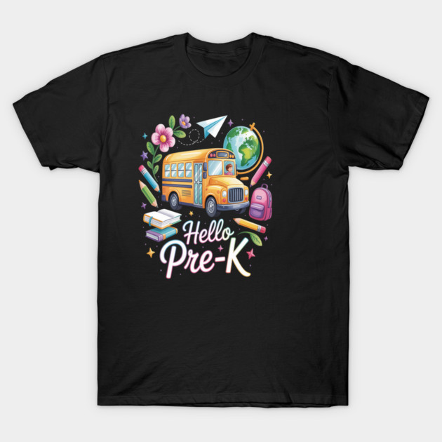 Black "Hello Pre-K" t-shirt with colorful school bus, globe, and floral design, perfect for preschoolers.