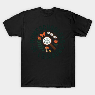 Black homeschooling themed t-shirt with science and nature graphics, ideal for casual wear, soft cotton material.