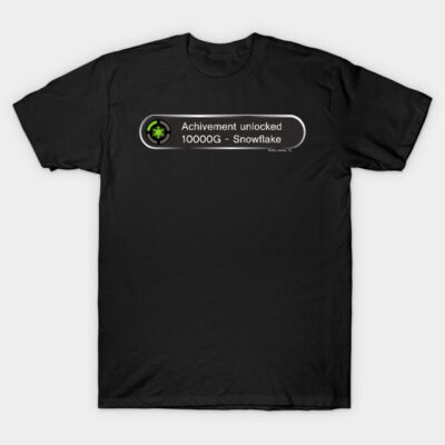 Black cotton t-shirt with "Achievement Unlocked 10000G - Snowflake" gaming design, casual wear.
