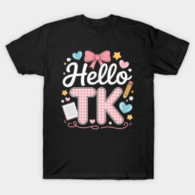 Black T-shirt with "Hello TK" design, featuring pink gingham letters, hearts, stars, and a bow, casual wear.