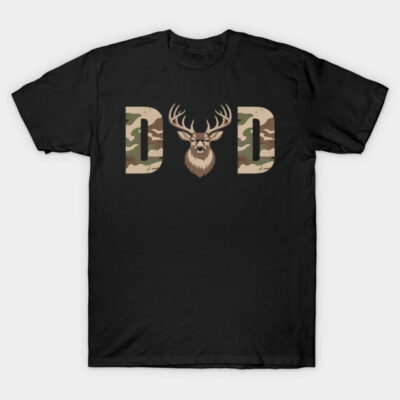 Black t-shirt with camouflage "DAD" text and deer graphic, cotton, casual wear, outdoor-themed design.