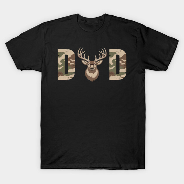 Black t-shirt with camouflage "DAD" text and deer graphic, cotton, casual wear, outdoor-themed design.