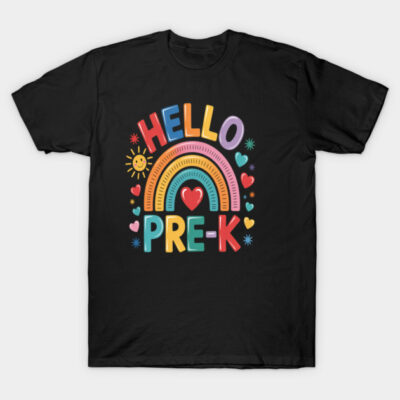 Black t-shirt with colorful "Hello Pre-K" rainbow design, perfect for school, made of soft cotton, casual fit.